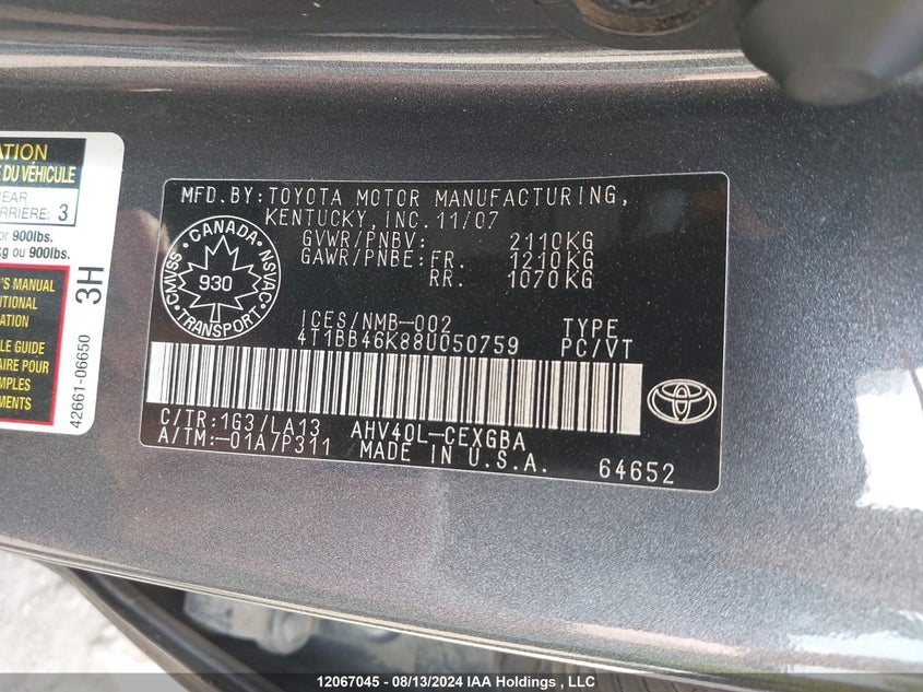 2008 Toyota Camry Hybrid VIN: 4T1BB46K88U050759 Lot: 12067045