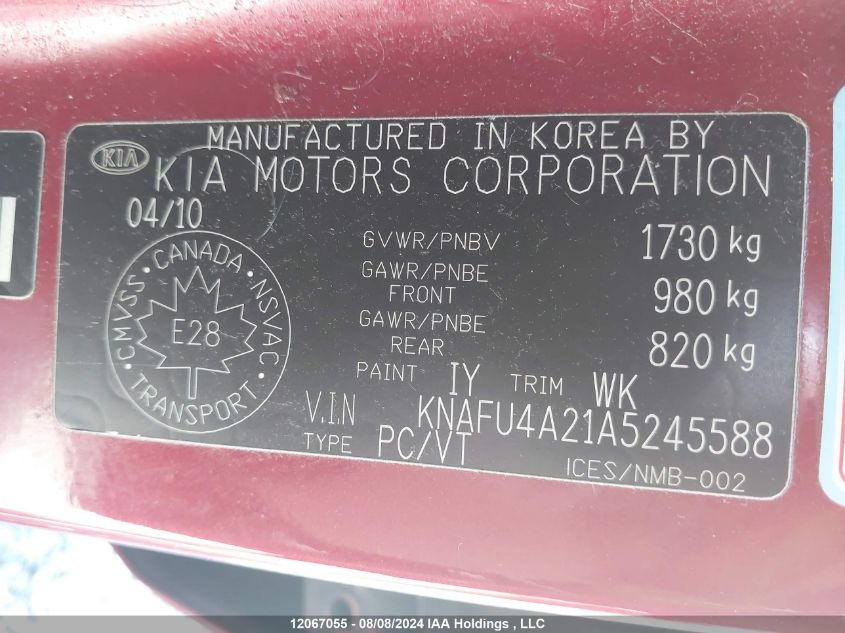 2010 Kia Forte VIN: KNAFU4A21A5245588 Lot: 12067055