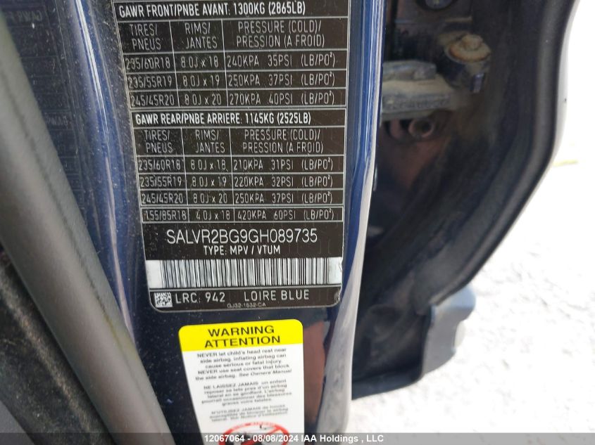 2016 Land Rover Range Rover Evoque VIN: SALVR2BG9GH089735 Lot: 12067064