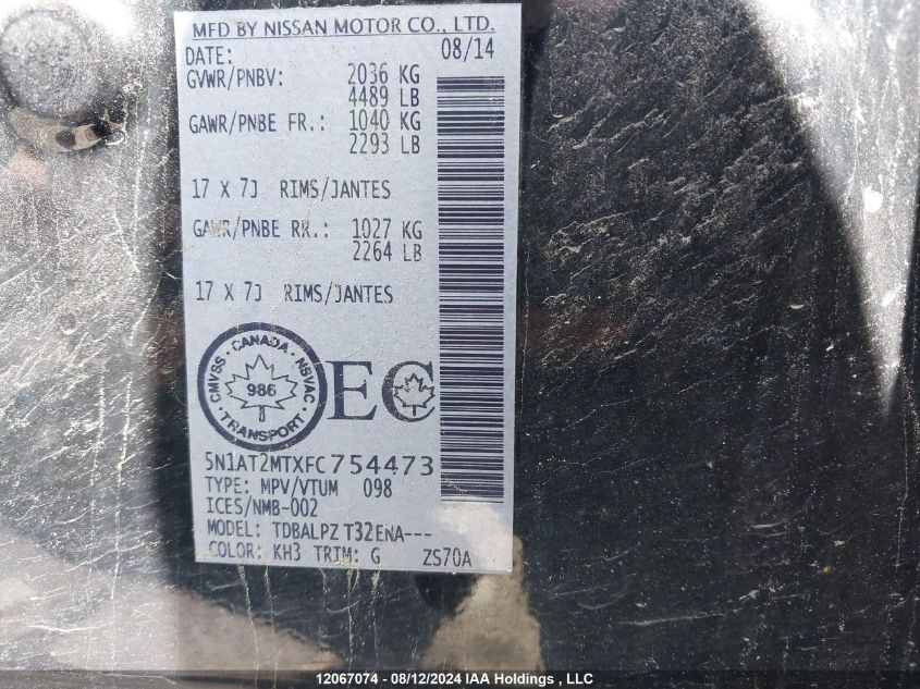 2015 Nissan Rogue VIN: 5N1AT2MTXFC754473 Lot: 12067074