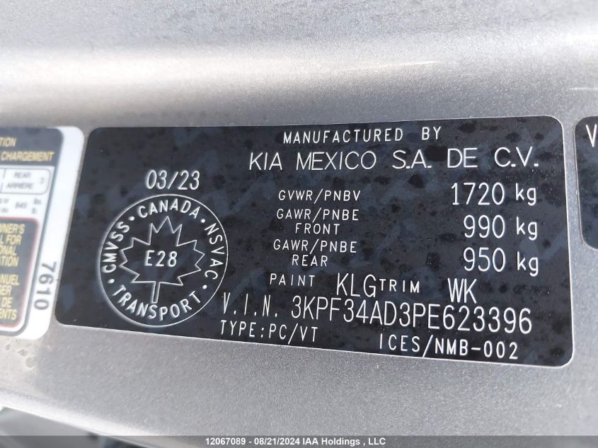 2023 Kia Forte Ex/Ex+/Ex Premium VIN: 3KPF34AD3PE623396 Lot: 12067089