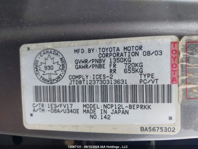 2003 Toyota Echo VIN: JTDBT123730313631 Lot: 12067131