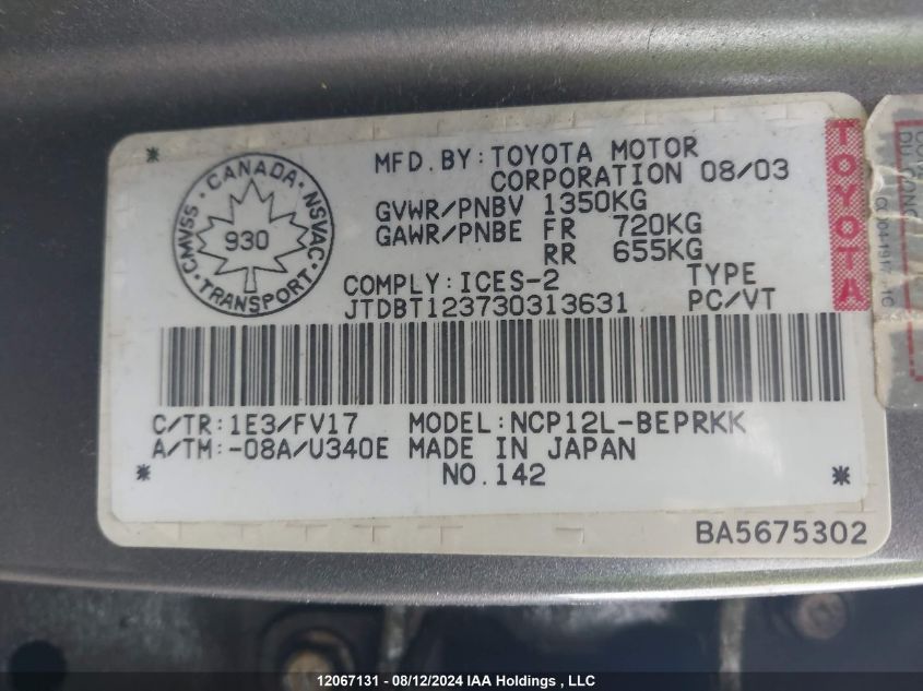2003 Toyota Echo VIN: JTDBT123730313631 Lot: 12067131