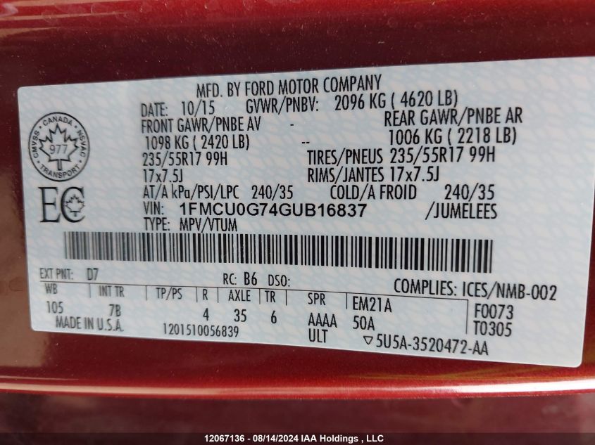 2016 Ford Escape Se VIN: 1FMCU0G74GUB16837 Lot: 12067136