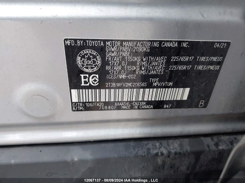 2021 Toyota Rav4 Le VIN: 2T3B1RFV2MC206565 Lot: 12067137