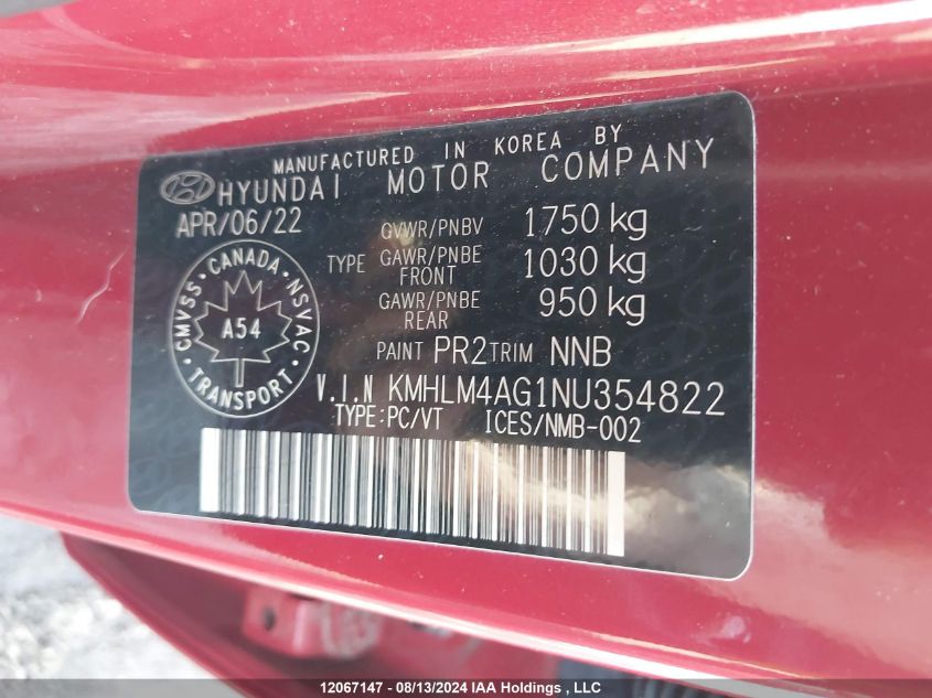 2022 Hyundai Elantra Sel VIN: KMHLM4AG1NU354822 Lot: 12067147