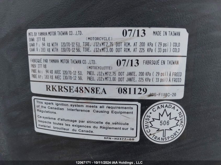 2014 Yamaha Yw125 VIN: RKRSE48N8EA081129 Lot: 12067171