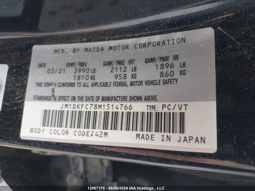 2021 Mazda Cx-3 VIN: JM1DKFC78M1514766 Lot: 12067175