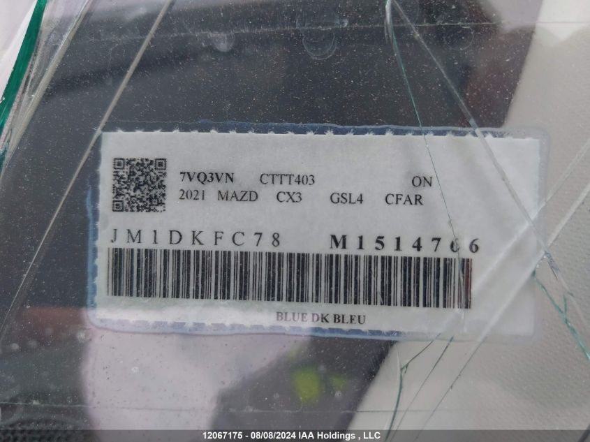 2021 Mazda Cx-3 VIN: JM1DKFC78M1514766 Lot: 12067175