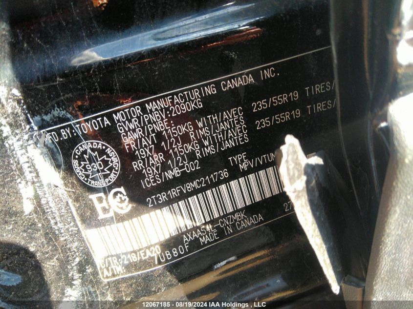 2021 Toyota Rav4 Xle VIN: 2T3R1RFV8MC211736 Lot: 12067185