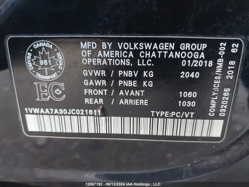 2018 Volkswagen Passat VIN: 1VWAA7A30JC021611 Lot: 12067192