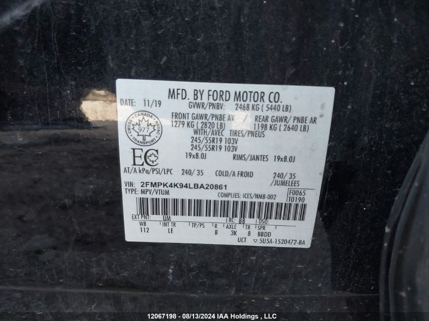 2020 Ford Edge Titanium VIN: 2FMPK4K94LBA20861 Lot: 12067198