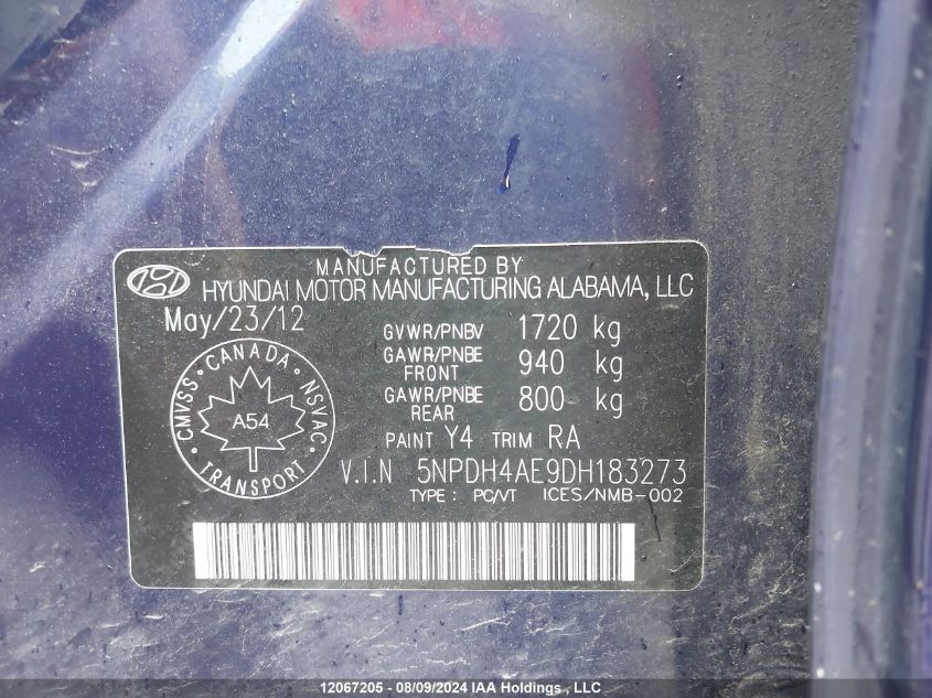 2013 Hyundai Elantra VIN: 5NPDH4AE9DH183273 Lot: 12067205