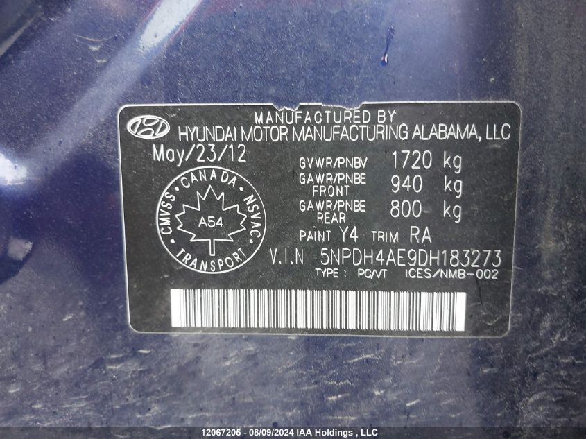 2013 Hyundai Elantra VIN: 5NPDH4AE9DH183273 Lot: 12067205