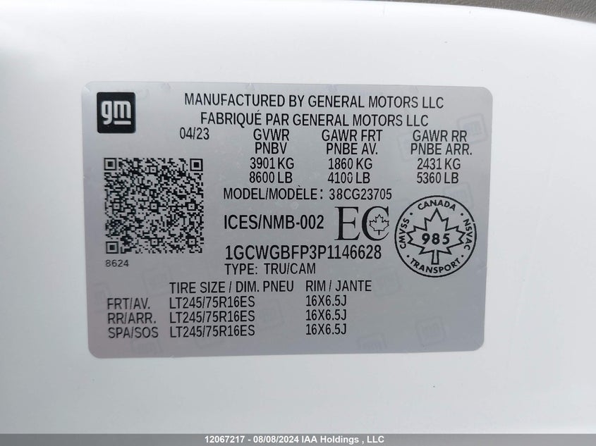 2023 Chevrolet Express G2500 VIN: 1GCWGBFP3P1146628 Lot: 12067217