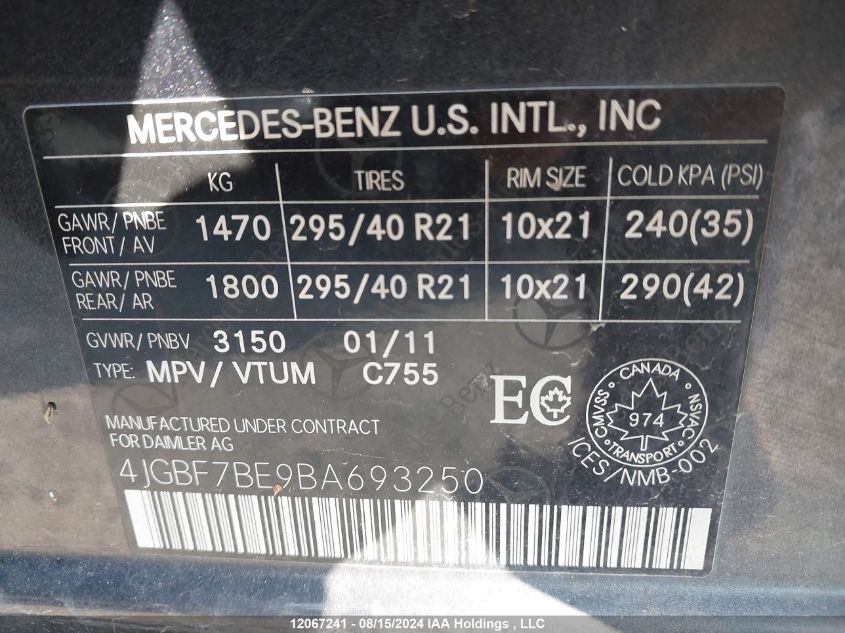 2011 Mercedes-Benz Gl 450 4Matic VIN: 4JGBF7BE9BA693250 Lot: 12067241