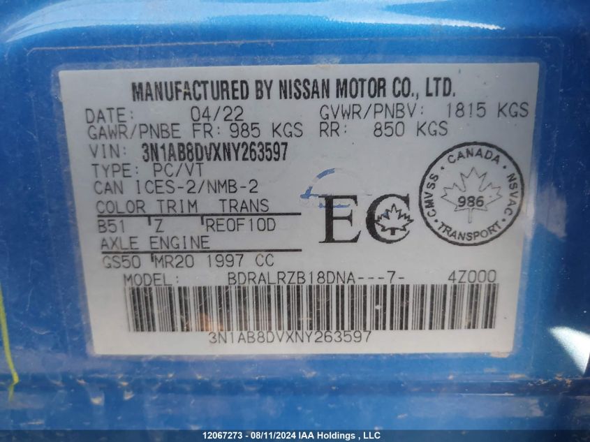 2022 Nissan Sentra Sr VIN: 3N1AB8DVXNY263597 Lot: 12067273