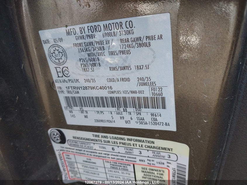 2009 Ford F150 Supercrew VIN: 1FTRW12879KC40016 Lot: 12067279