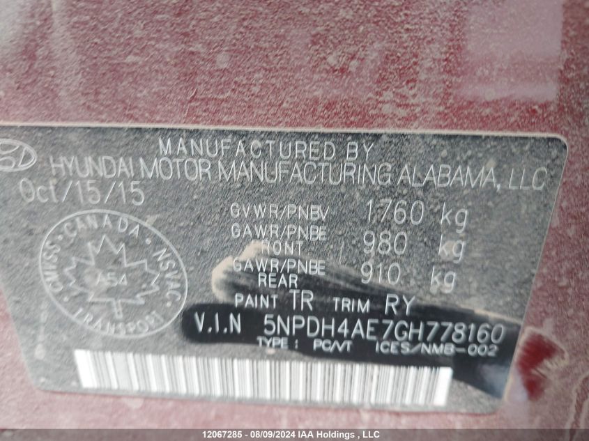 2016 Hyundai Elantra Se/Sport/Limited VIN: 5NPDH4AE7GH778160 Lot: 12067285