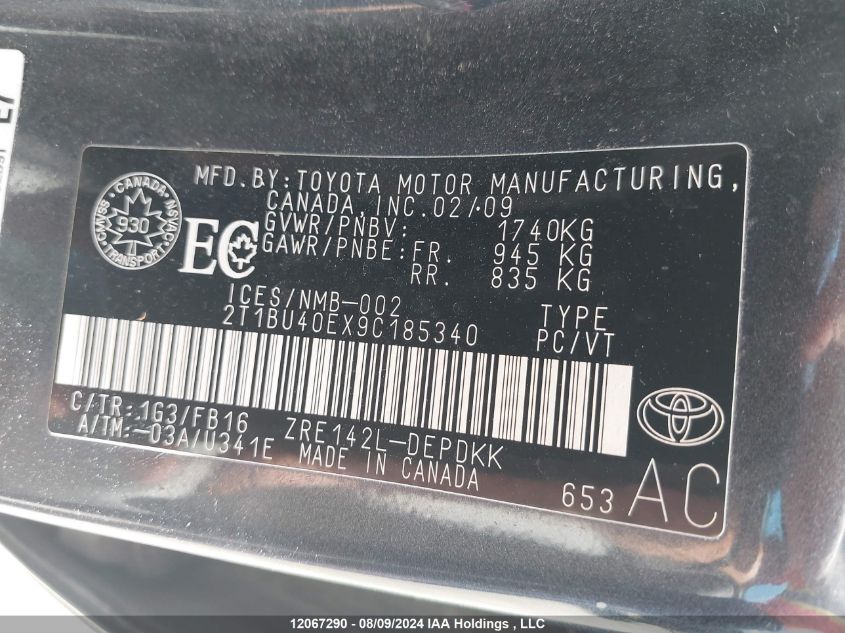 2009 Toyota Corolla Ce VIN: 2T1BU40EX9C185340 Lot: 12067290