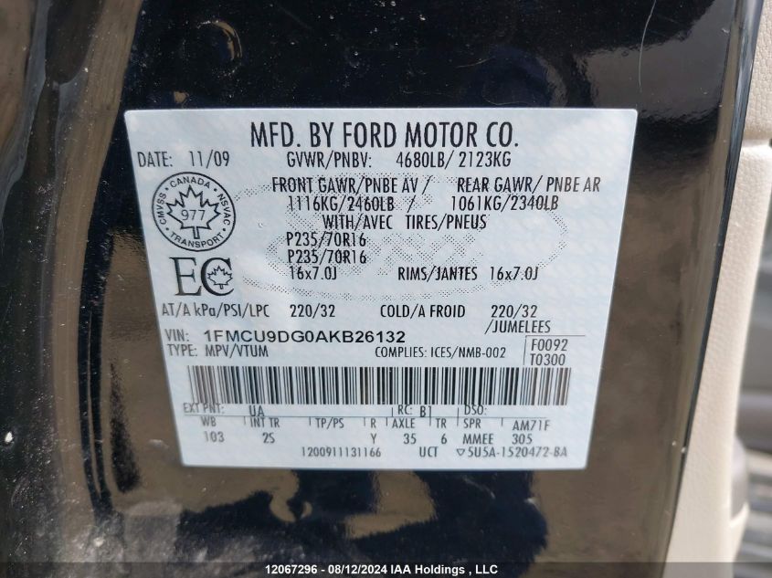 2010 Ford Escape Xlt VIN: 1FMCU9DG0AKB26132 Lot: 12067296