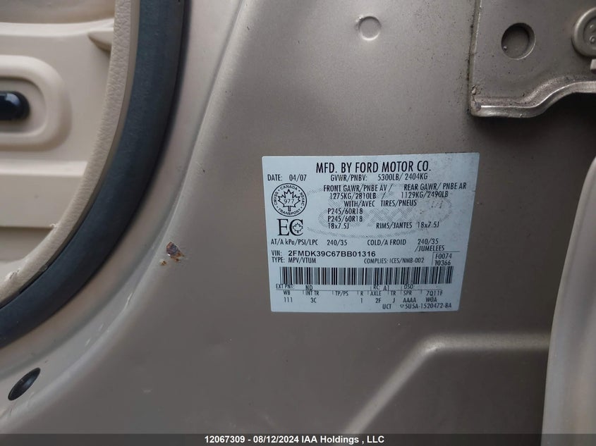 2007 Ford Edge VIN: 2FMDK39C67BB01316 Lot: 12067309