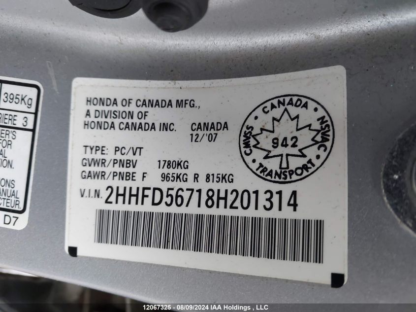 2008 Acura Csx Technology VIN: 2HHFD56718H201314 Lot: 12067325