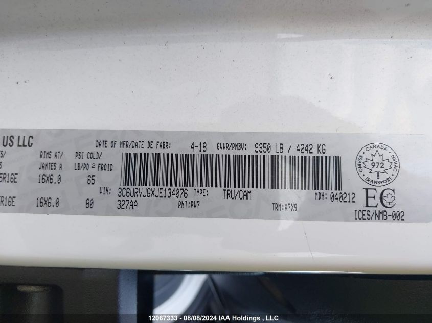 2018 Ram Promaster 3500 High Roof VIN: 3C6URVJGXJE134076 Lot: 12067333