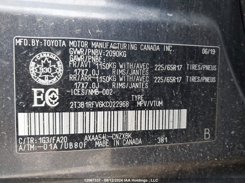 2T3B1RFV6KC022968 2019 Toyota Rav4 Le