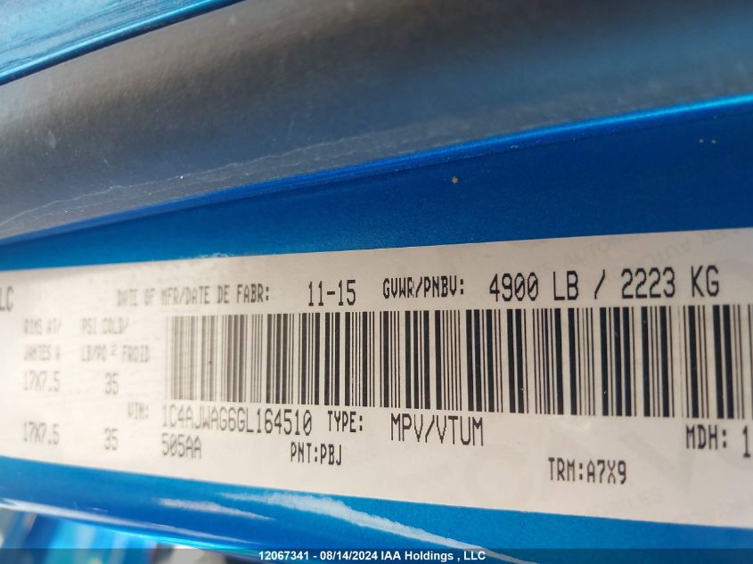 2016 Jeep Wrangler Sport VIN: 1C4AJWAG6GL164510 Lot: 12067341