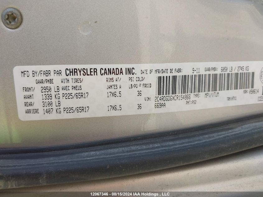 2012 Dodge Grand Caravan Crew VIN: 2C4RDGDGXCR154866 Lot: 12067346