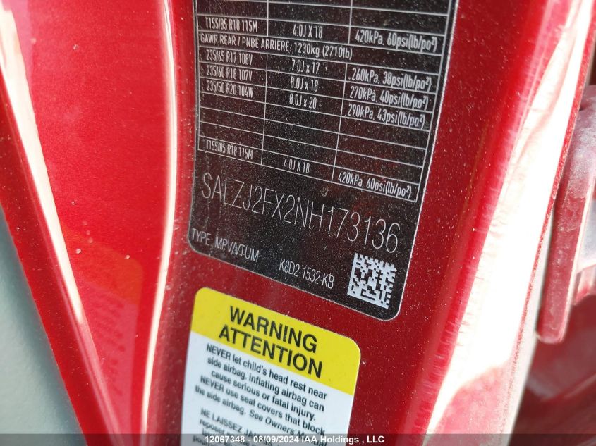 2022 Land Rover Range Rover Evoque VIN: SALZJ2FX2NH173136 Lot: 12067348