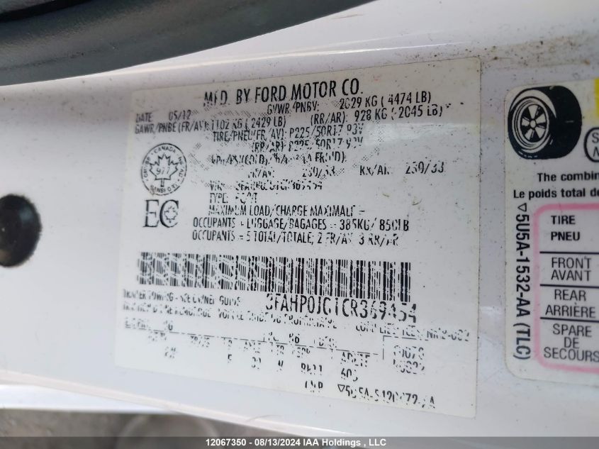 2012 Ford Fusion Sel VIN: 3FAHP0JG1CR369454 Lot: 12067350