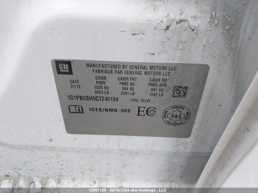2012 Chevrolet Cruze VIN: 1G1PB5SH0C7249184 Lot: 12067359