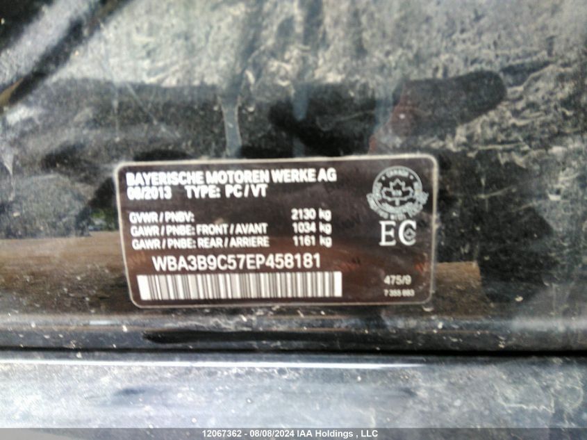 2014 BMW 335 Xi VIN: WBA3B9C57EP458181 Lot: 12067362