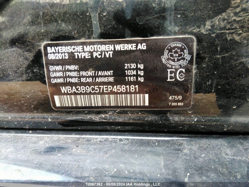 2014 BMW 335 Xi VIN: WBA3B9C57EP458181 Lot: 12067362