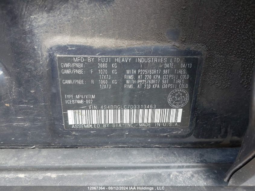 2013 Subaru Outback VIN: 4S4BRGLC7D3313463 Lot: 12067364