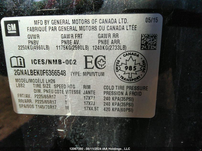 2015 Chevrolet Equinox VIN: 2GNALBEK0F6366548 Lot: 12067380