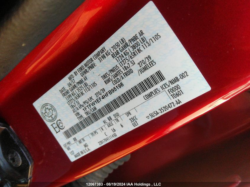 2017 Ford F-150 Xlt VIN: 1FTFW1EF4HFB95198 Lot: 12067383