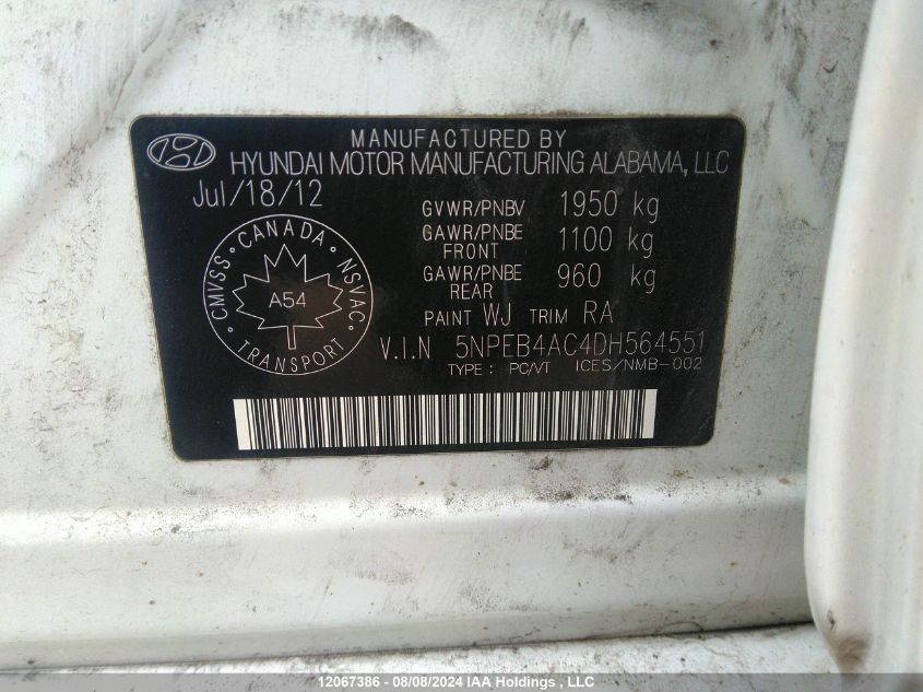 2013 Hyundai Sonata Gls VIN: 5NPEB4AC4DH564551 Lot: 12067386