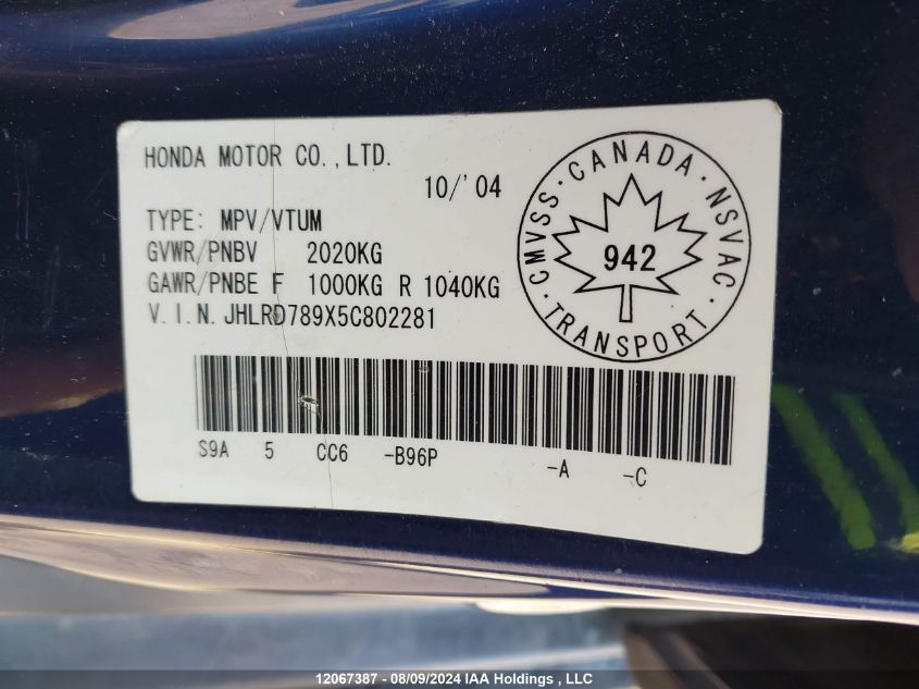 2005 Honda Cr-V VIN: JHLRD789X5C802281 Lot: 12067387