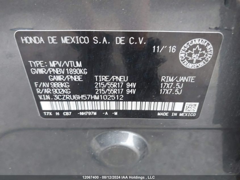 2017 Honda Hr-V VIN: 3CZRU6H57HM102512 Lot: 12067400