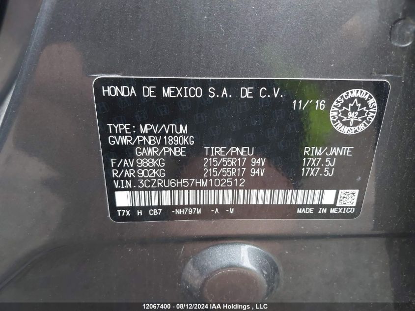 2017 Honda Hr-V VIN: 3CZRU6H57HM102512 Lot: 12067400