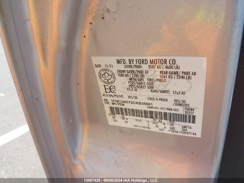 2012 Ford Escape Xlt VIN: 1FMCU9D72CKB35661 Lot: 12067425