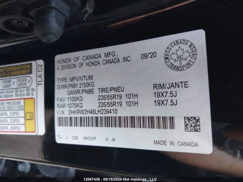 2020 Honda Cr-V VIN: 2HKRW2H46LH239410 Lot: 12067436