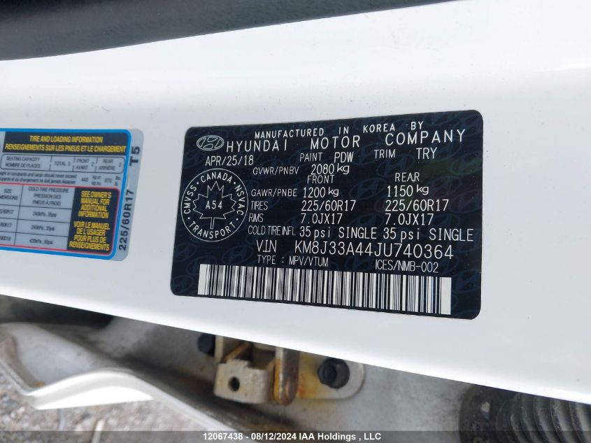 2018 Hyundai Tucson Limited/Sport And Eco/Se VIN: KM8J33A44JU740364 Lot: 12067438