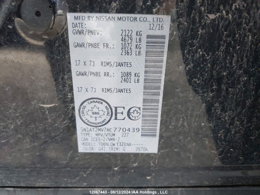 2017 Nissan Rogue VIN: 5N1AT2MV7HC770439 Lot: 12067443