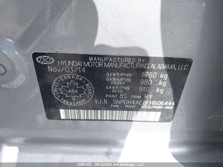 2015 Hyundai Elantra Se/Sport/Limited VIN: 5NPDH4AE8FH606444 Lot: 12067452