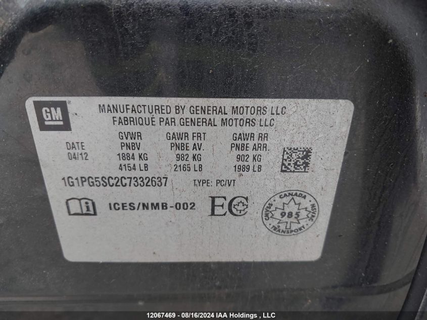 2012 Chevrolet Cruze VIN: 1G1PG5SC2C7332637 Lot: 12067469