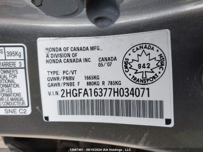 2007 Honda Civic Sdn VIN: 2HGFA16377H034071 Lot: 12067481